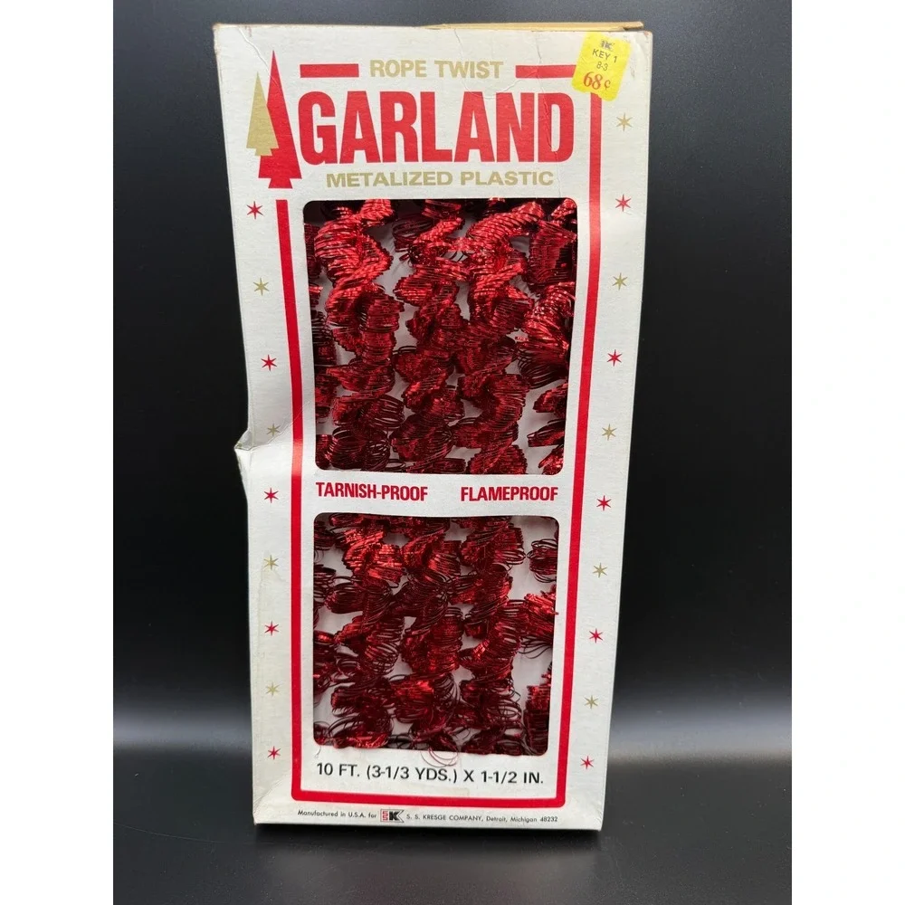 Kresge Rope Twist Metalized Red Christmas Garland NOS 60s Made In USA 10 FT